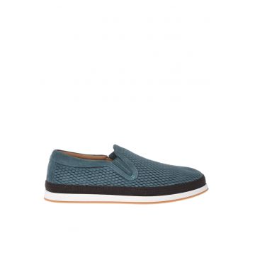 Pantofi loafer de piele intoarsa cu perforatii - Albastru petrol