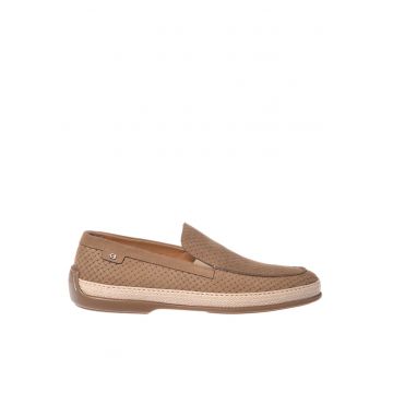 Pantofi loafer de piele nabuc cu aspect tesut - Bej
