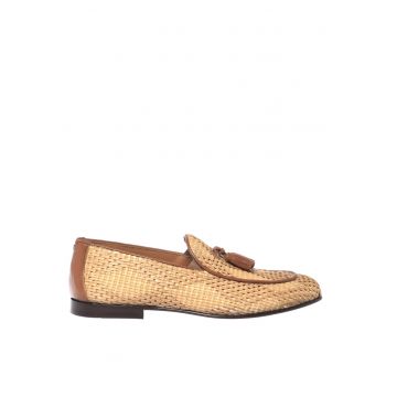 Pantofi loafer din rafie cu garnituri de piele - Bej