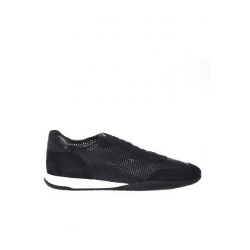 Pantofi sport de piele cu garnituri de piele intoarsa si perforatii - Negru