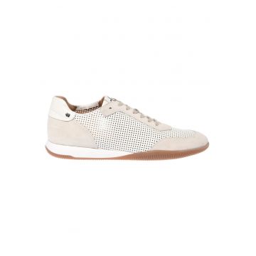 Pantofi sport de piele si piele intoarsa cu perforatii - Alb murdar