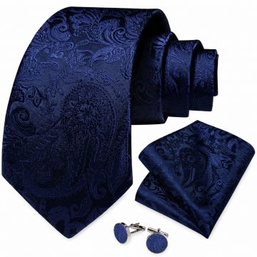 Set cravata bleumarin + batista + butoni - matase -- model 875
