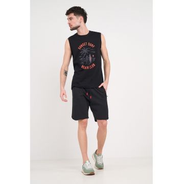 Top din bumbac cu imprimeu tropical - Negru