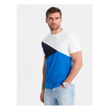 Tricou barbati cu design geometric din bumbac single jersey - croiala regular - Alb/Albastru/Bleumarin