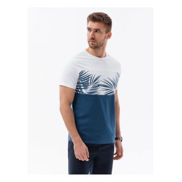Tricou barbati cu imprimeu palme - bumbac moale - croiala regular - Alb/Albastru