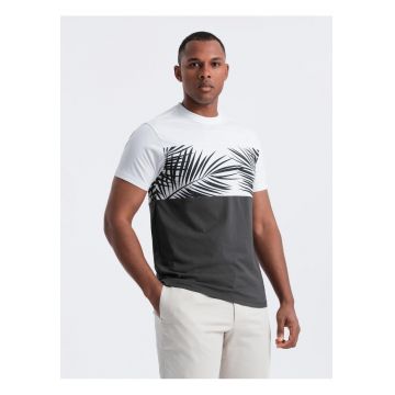 Tricou barbati cu imprimeu palme - bumbac moale - croiala regular - Alb/Gri inchis