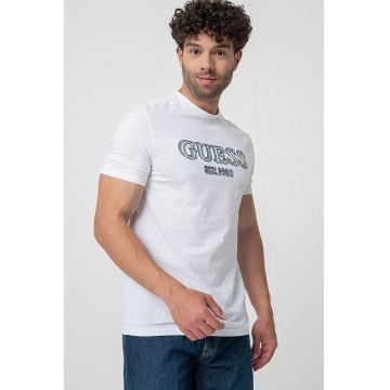 Tricou cu decolteu la baza gatului si imprimeu logo - Alb/Maro camel