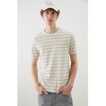 Tricou cu dungi si decolteu la baza gatului - Gri/Bej deschis