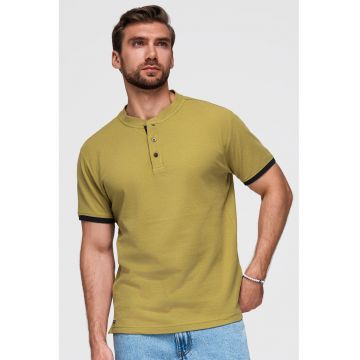 Tricou de bumbac cu fenta cu nasturi - Verde masliniu deschis