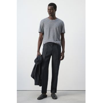Tricou din amestec de in cu dungi - Albastru ultramarin/Gri melange