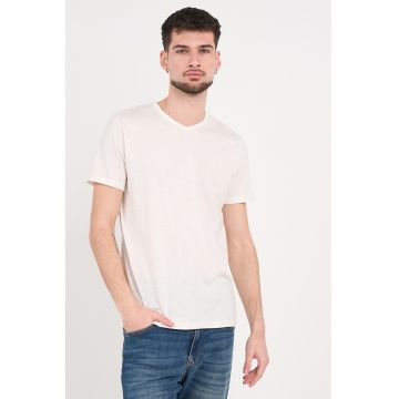Tricou din bumbac cu decolteu in V - Alb