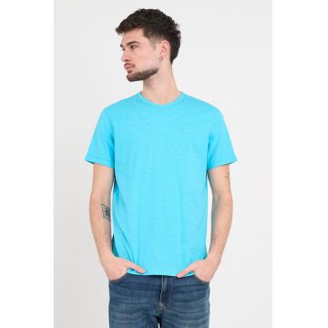 Tricou din bumbac cu decolteu in V - Albastru deschis neon