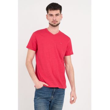 Tricou din bumbac cu decolteu in V - Rosu vermillion
