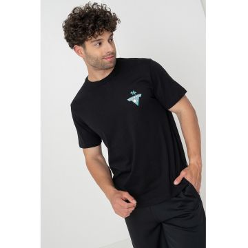 Tricou din bumbac cu decolteu la baza gatului si logo - Negru