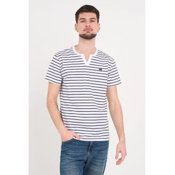 Tricou din bumbac cu dungi - Alb/Bleumarin