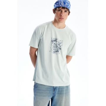 Tricou din bumbac cu imprimeu tropical - Verde deschis/Bleumarin