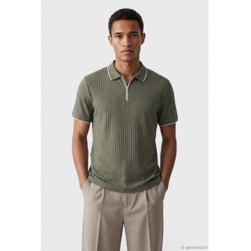 Tricou polo cu fenta cu fermoar - Kaki