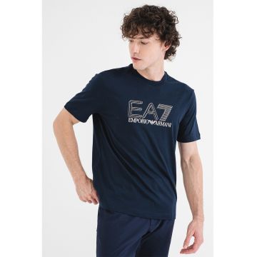 Tricou regular fit din bumbac cu imprimeu logo - Albastru ultramarin