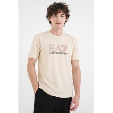 Tricou regular fit din bumbac cu imprimeu logo - Bej deschis