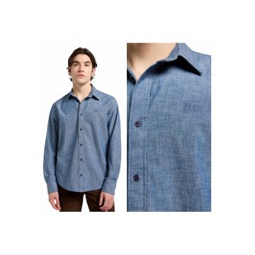 Camasa Pentru Barbati -  Marimea L - Albastru - Patch Shirt - Croiala Regular Fit - Model Drept Regular - Inchidere Nasturi - 100% Bumbac