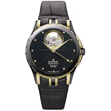Ceas barbatesc  Grand Ocean Open Heart - curea piele neagra - 32mm - rezistenta la apa 5 ATM