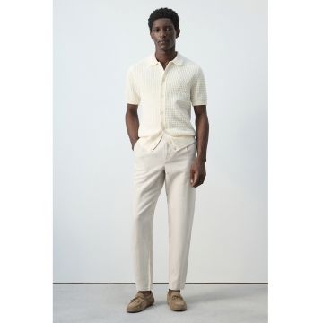 Pantaloni crop din amestec de in cu croiala slim-fit - Maro nisip
