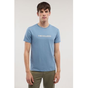 Tricou din bumbac cu imprimeu logo - Albastru pastel/Ecru