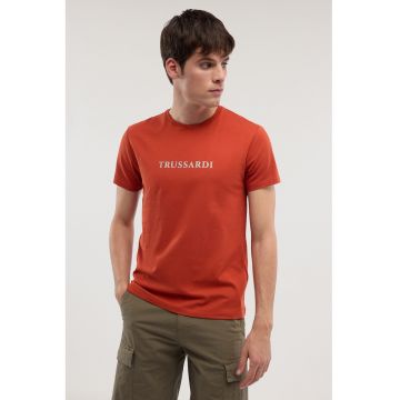 Tricou din bumbac cu imprimeu logo - Bej inchis/Rosu castaniu