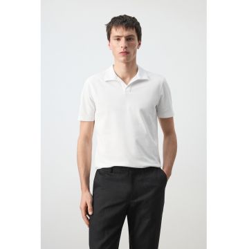 Tricou pique polo cu croiala slim-fit - Alb