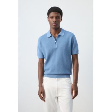 Tricou polo cu fenta cu fermoar - Albastru pastel