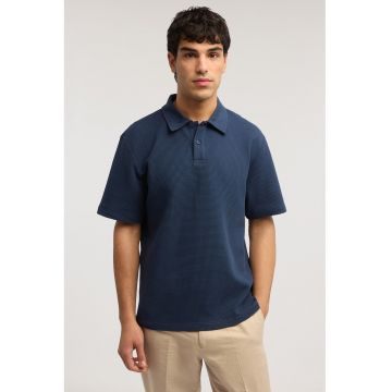 Tricou polo texturat din amestec de bumbac - Albastru inchis