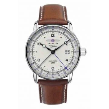 Ceas automat pentru barbati -  100 Jahre 86661 - Otel inoxidabil/Piele naturala - 43 mm - Argintiu/Maro