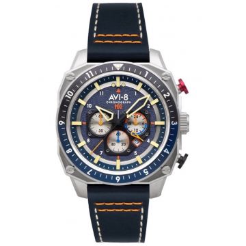 Ceas barbatesc  Hawker Hunter Atlas - cronograf - curea din piele - carcasa din otel inoxidabil - cadran albastru - 43x14mm