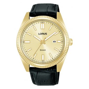Ceas  RH976QX9 - Analog Quartz - Cadran Auriu - Curea Piele Neagra - Rezistent la Apa 5 ATM