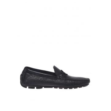 Pantofi loafer din piele cu aspect perforat - Negru