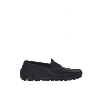Pantofi loafer din piele cu aspect perforat - Negru