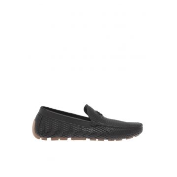 Pantofi loafer din piele cu aspect tesut - Negru