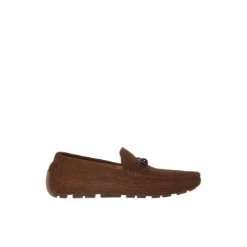 Pantofi loafer din piele intoarsa cu model uni - Maro
