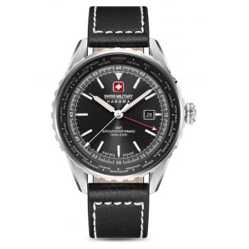 Ceas barbatesc  Afterburn GMT - negru - mecanism quartz Ronda - curea din piele - 100m impermeabilitate