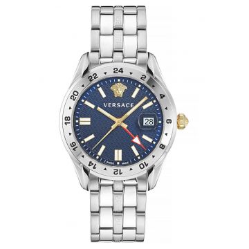 Ceas  barbati - mecanism quartz Ronda 515.24D GMT - bratara argintie - cadran albastru - 5 ATM