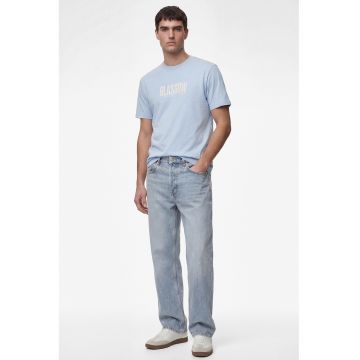 Tricou cu decolteu la baza gatului si imprimeu text - Albastru azur