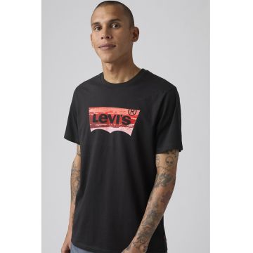 Tricou din bumbac cu decolteu la baza gatului si logo - Rosu/Negru