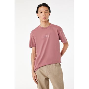 Tricou din bumbac cu imprimeu text - Roz prafuit