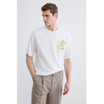 Tricou lejer de bumbac cu imprimeu - Alb/Verde/Rosu vermillion