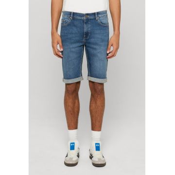 Bermude din denim cu terminatie plisata - Albastru prafuit