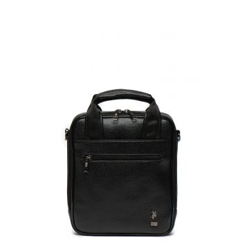 Geanta crossbody de piele ecologica - cu aplicatie logo - Negru/Argintiu inchis