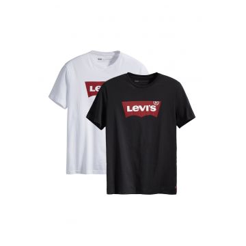 Set de tricouri cu decolteu la baza gatului si imprimeu logo - 2 piese - Alb/Negru