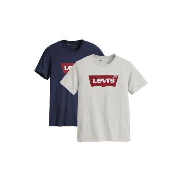 Set de tricouri cu decolteu la baza gatului si imprimeu logo - 2 piese - Gri/Albastru