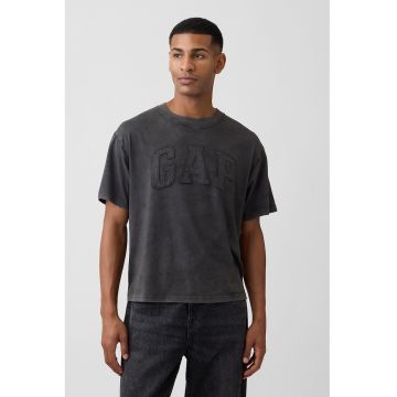 Tricou cu decolteu la baza gatului si logo brodat - Negru stins
