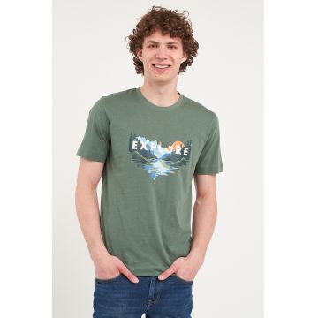 Tricou cu decolteu la baza gatului si model grafic - Verde pal/Albastru deschis